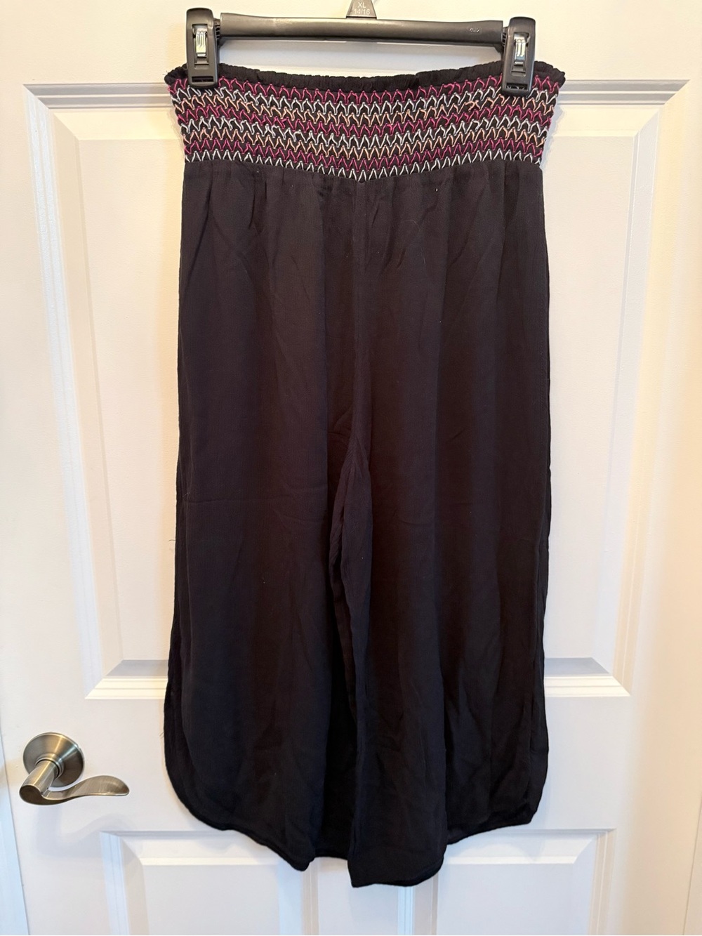 Black Wide Leg Smocked Waist Pants with Pink Accent